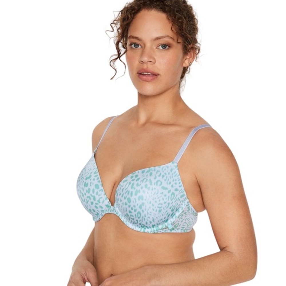 Victoria's Secret Size 34B Sexy Tee Push Up Bra White Aqua Cheetah Animal Print‎